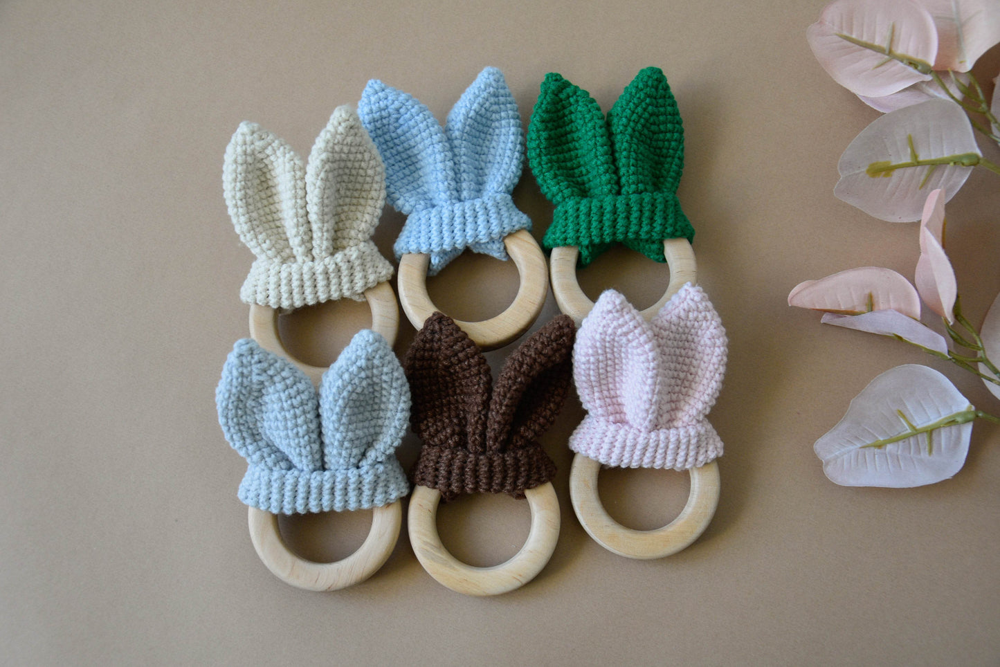 Crochet Wooden Baby Teether Bunny Ears - Minidreams Decor