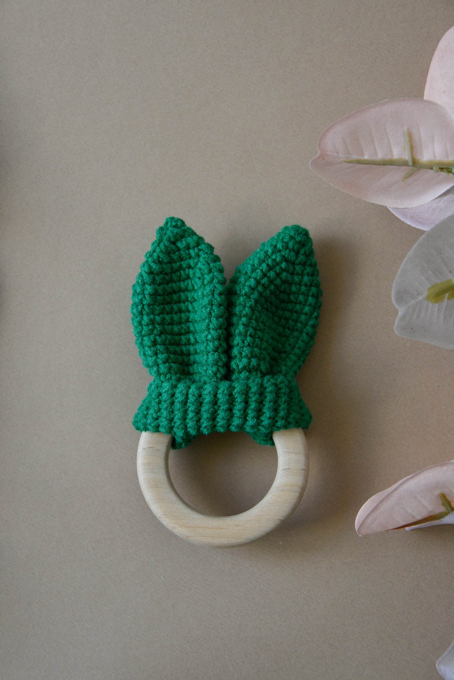 Crochet Wooden Baby Teether Bunny Ears - Minidreams Decor