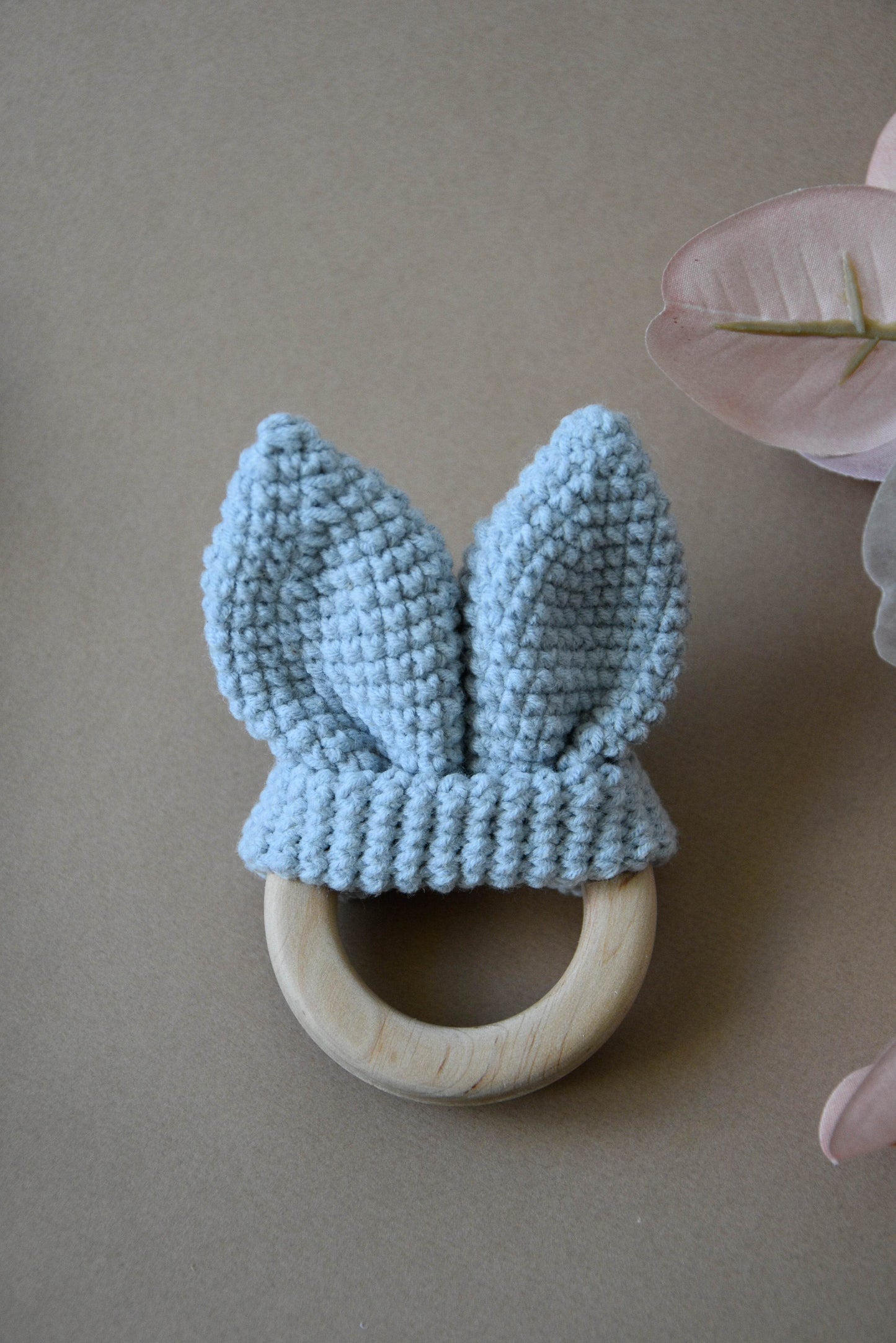 Crochet Wooden Baby Teether Bunny Ears - Minidreams Decor