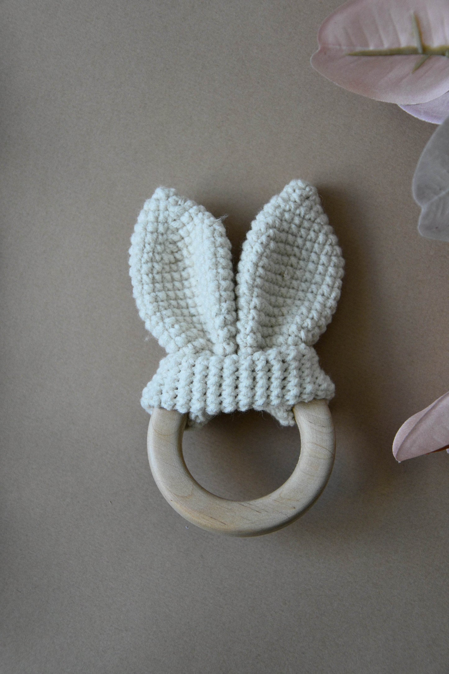 Crochet Wooden Baby Teether Bunny Ears - Minidreams Decor