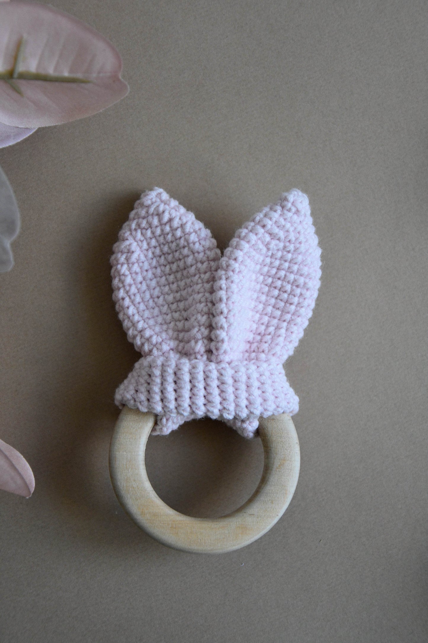 Crochet Wooden Baby Teether Bunny Ears - Minidreams Decor