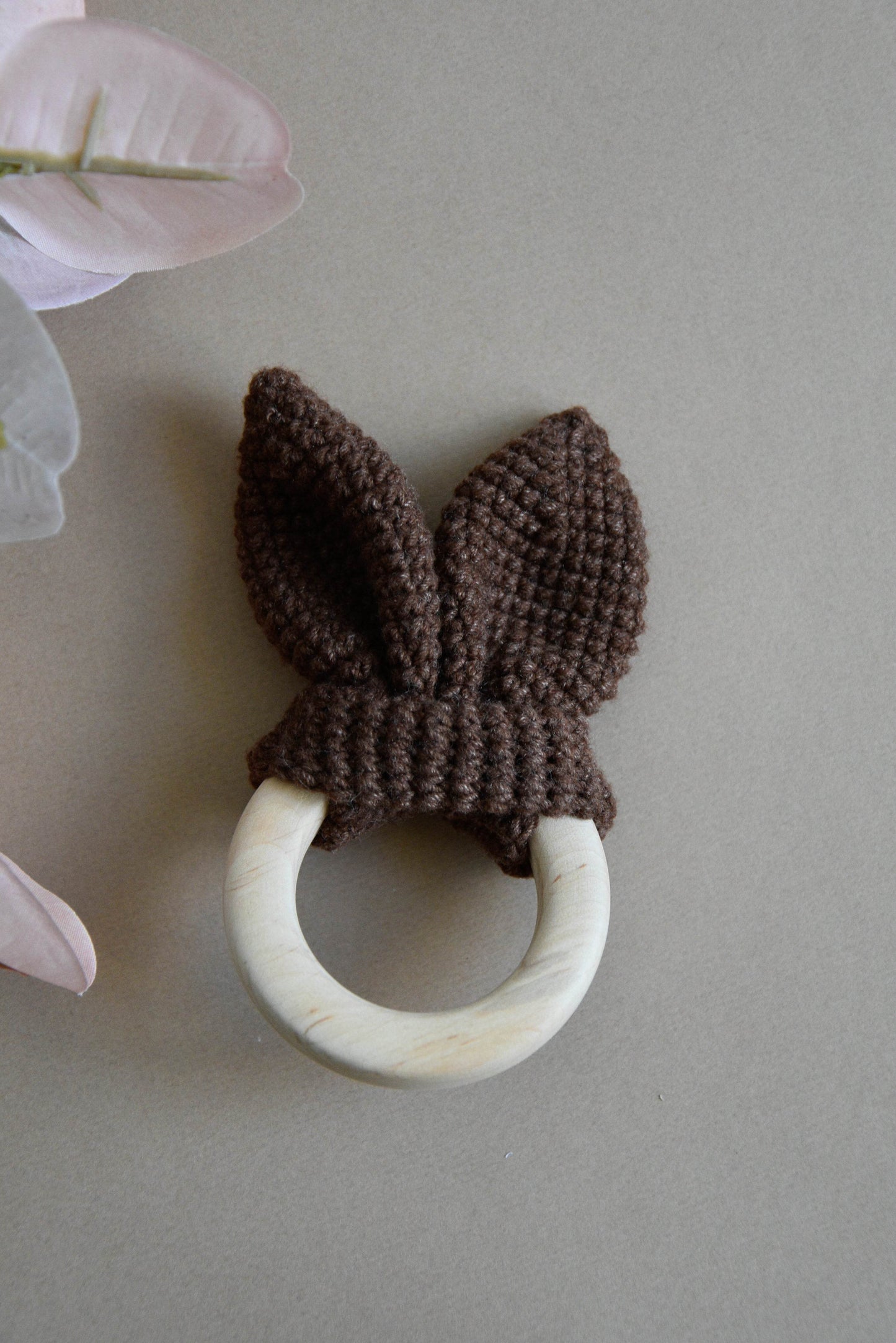Crochet Wooden Baby Teether Bunny Ears - Minidreams Decor