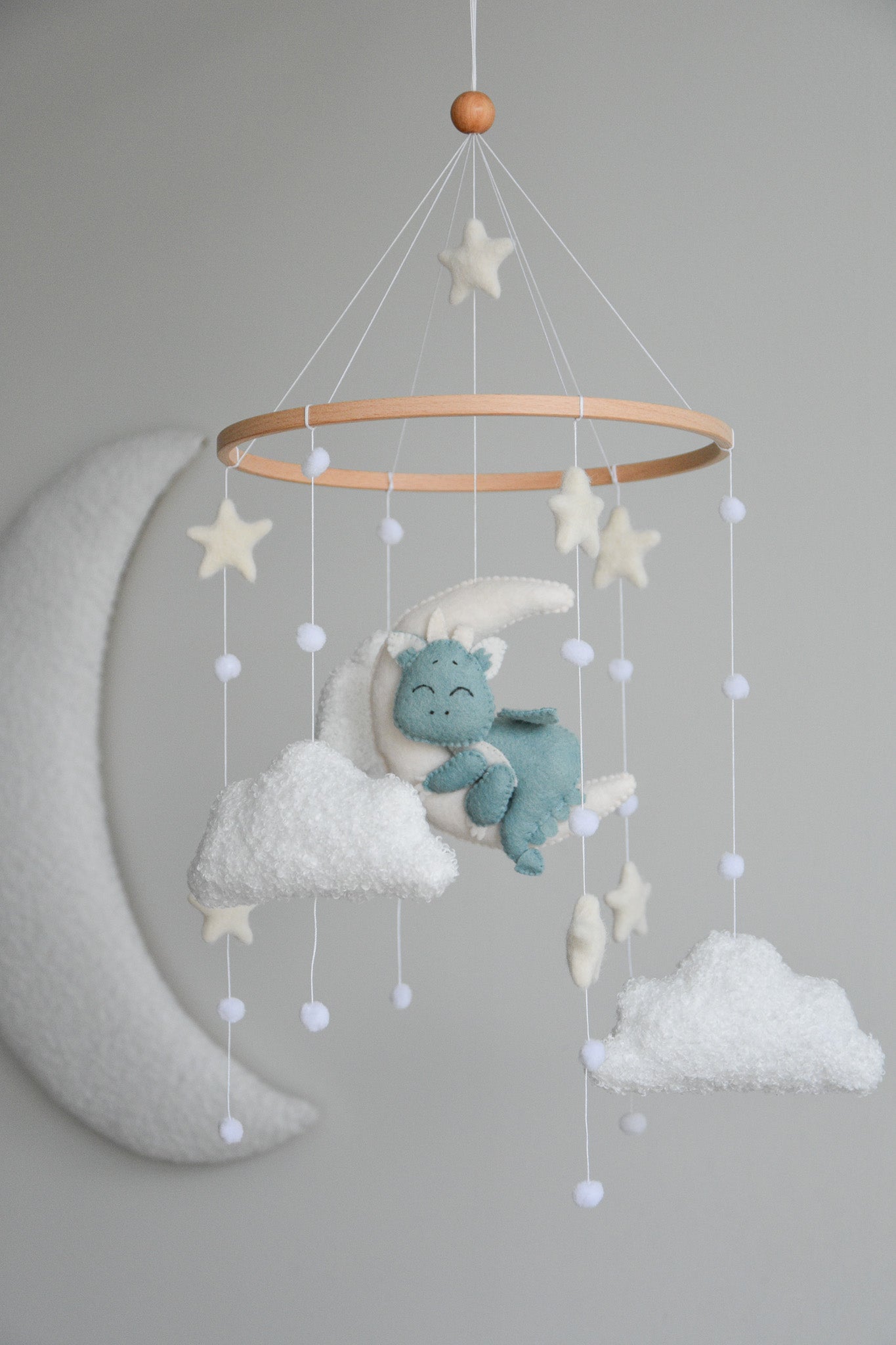 Dragon Boucle clouds and moon baby nursery mobile