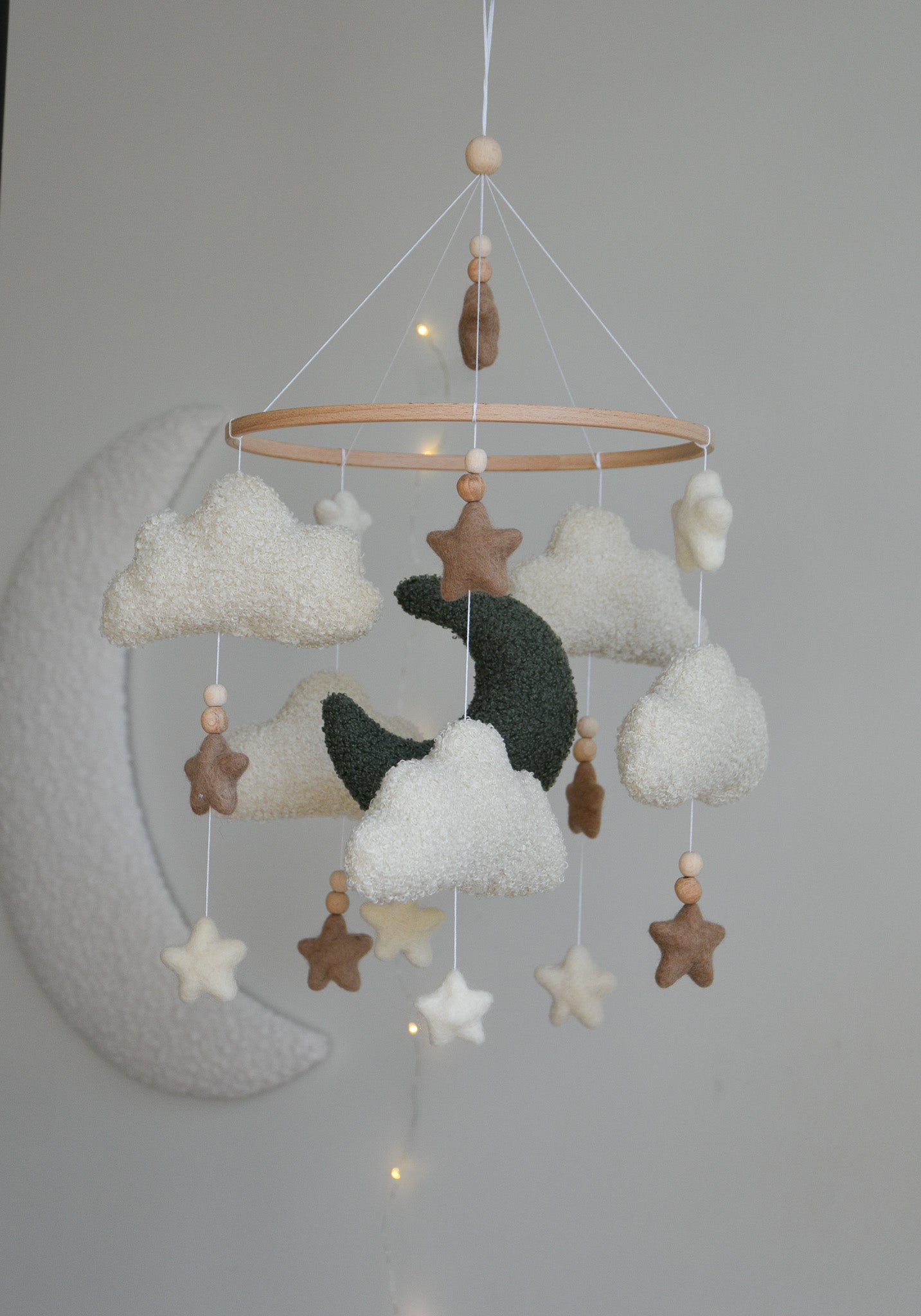 Boucle clouds and moon baby nursery mobile