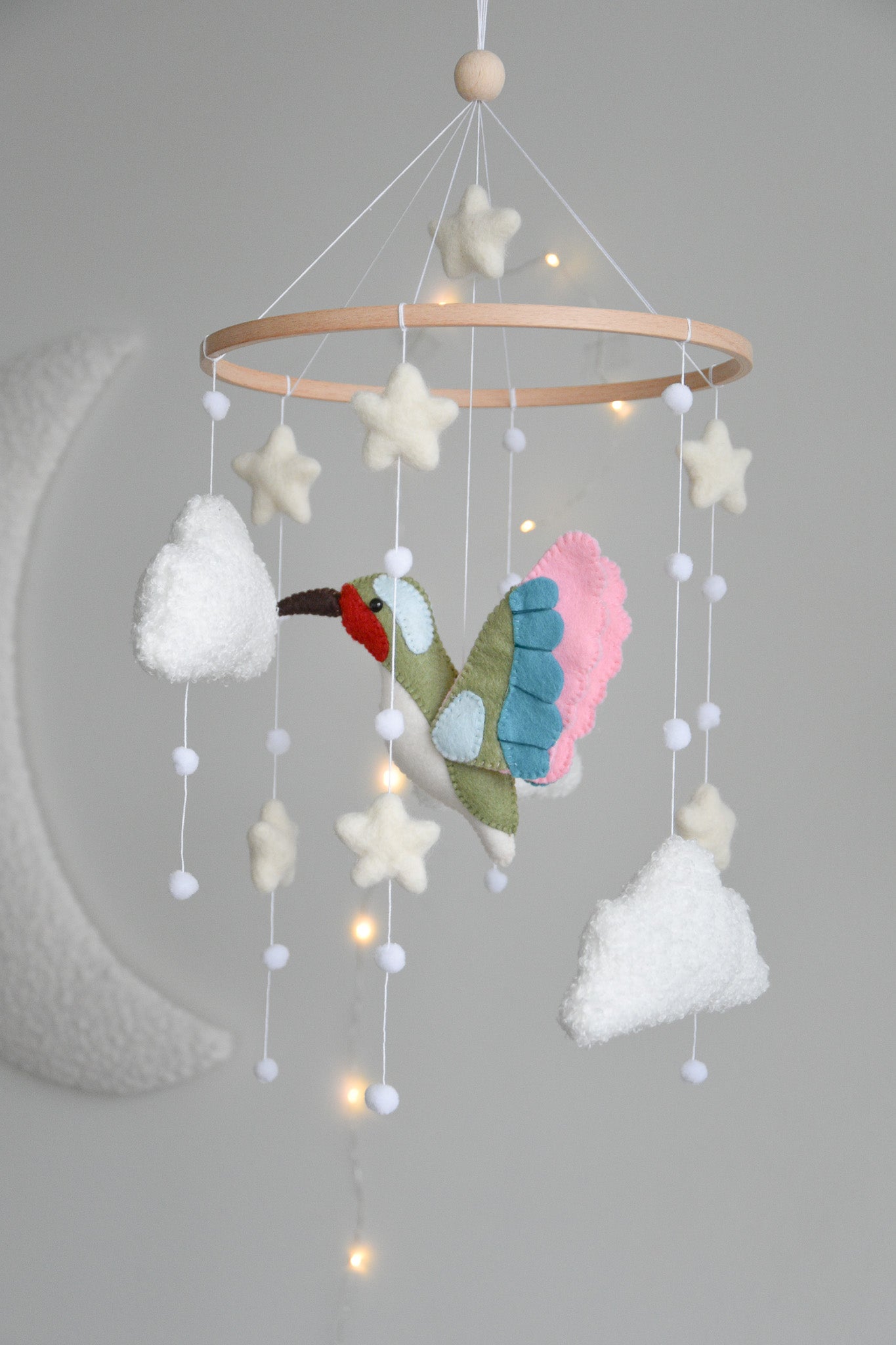 Hummingbird and boucle clouds baby nursery mobile