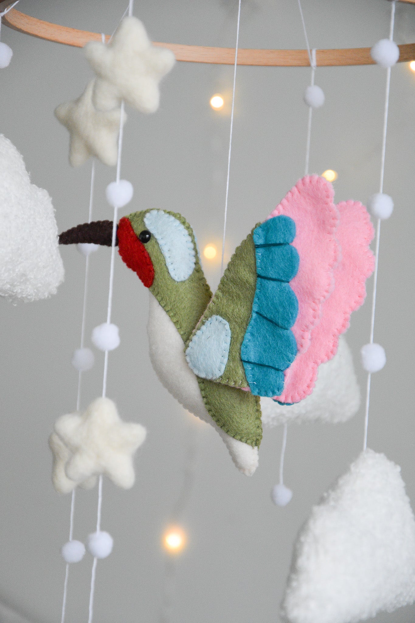 Hummingbird and boucle clouds baby nursery mobile