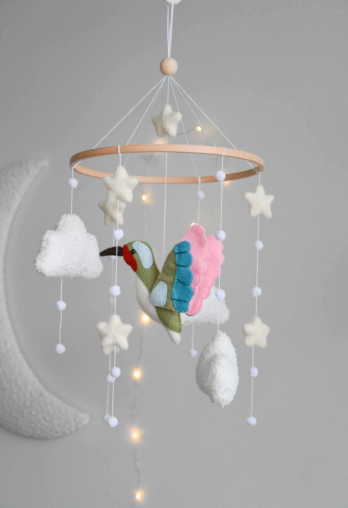 Hummingbird and boucle clouds baby nursery mobile