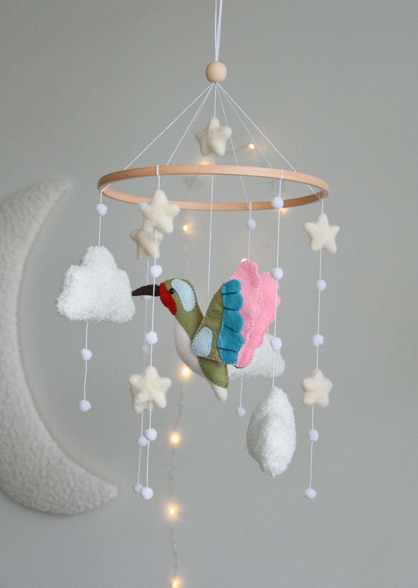 Hummingbird and boucle clouds baby nursery mobile
