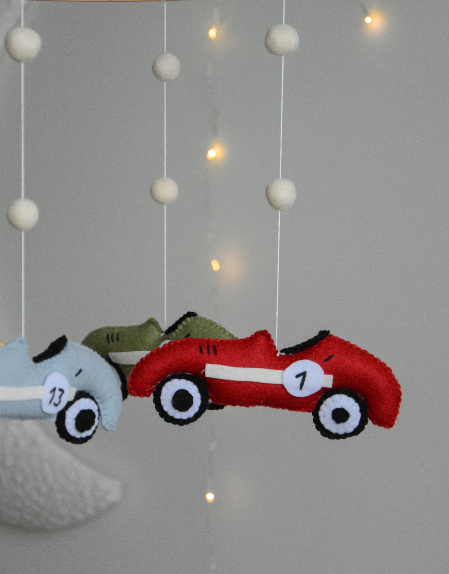 Handmade old school racing cars baby mobile, Neutral nursery mobile, Retro racing baby crib mobile