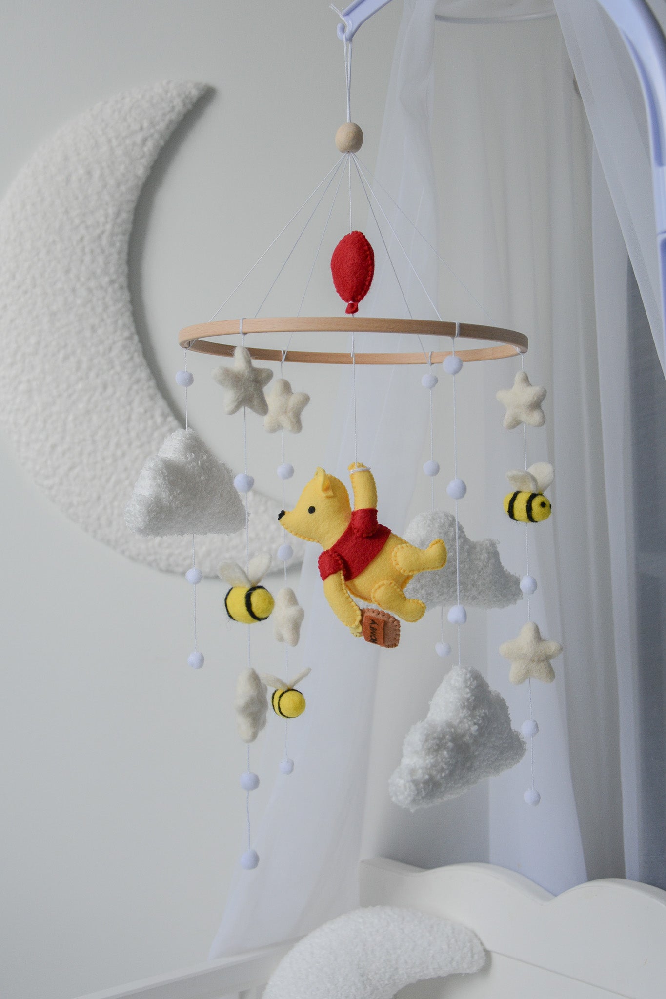 Winnie Pooh boucle clouds and moon baby nursery mobile with bees