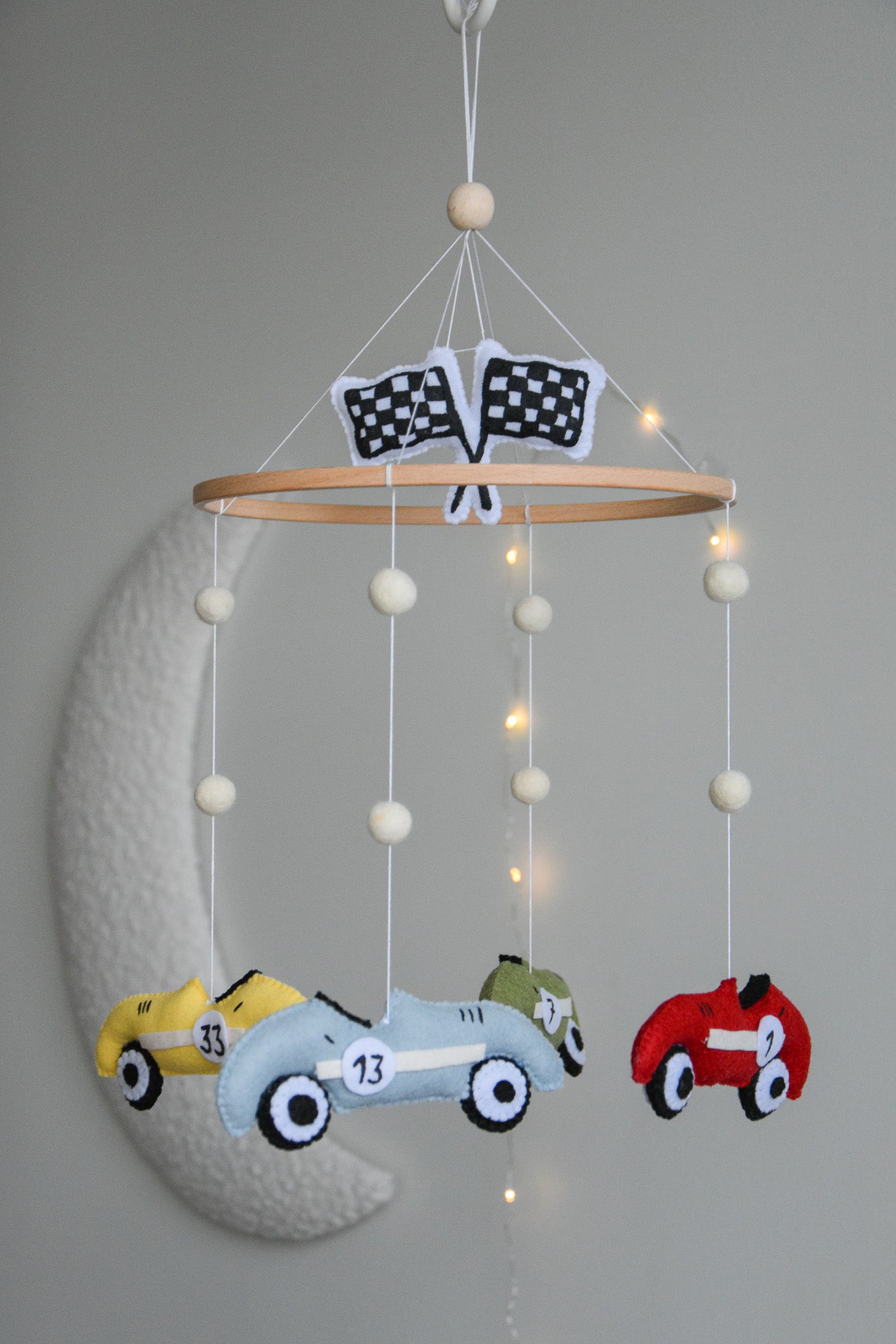 Handmade old school racing cars baby mobile, Neutral nursery mobile, Retro racing baby crib mobile