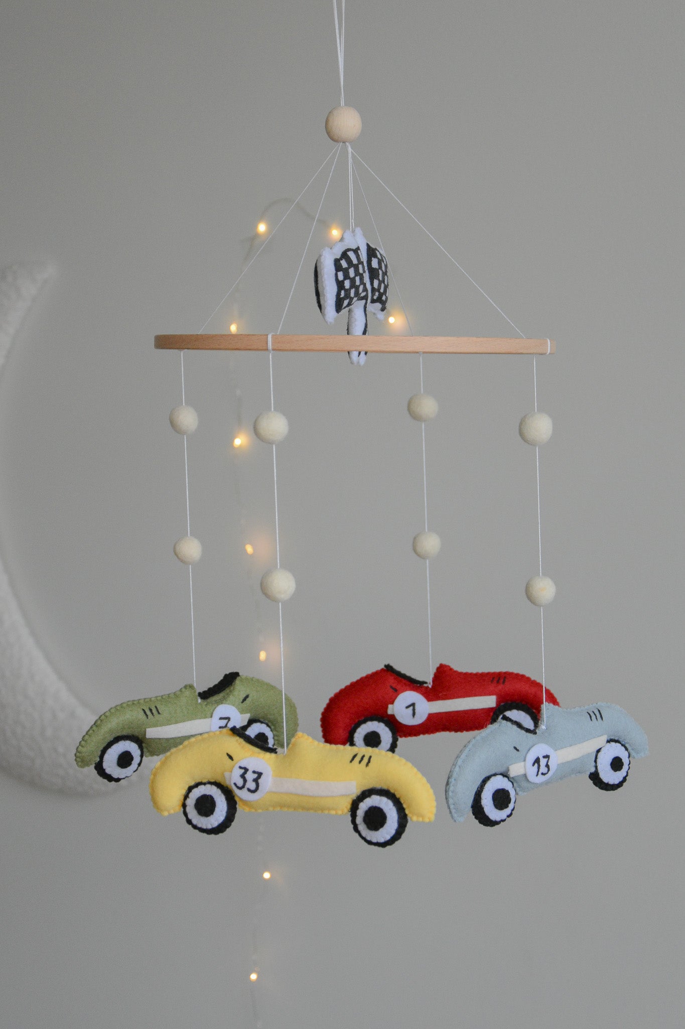 Handmade old school racing cars baby mobile, Neutral nursery mobile, Retro racing baby crib mobile