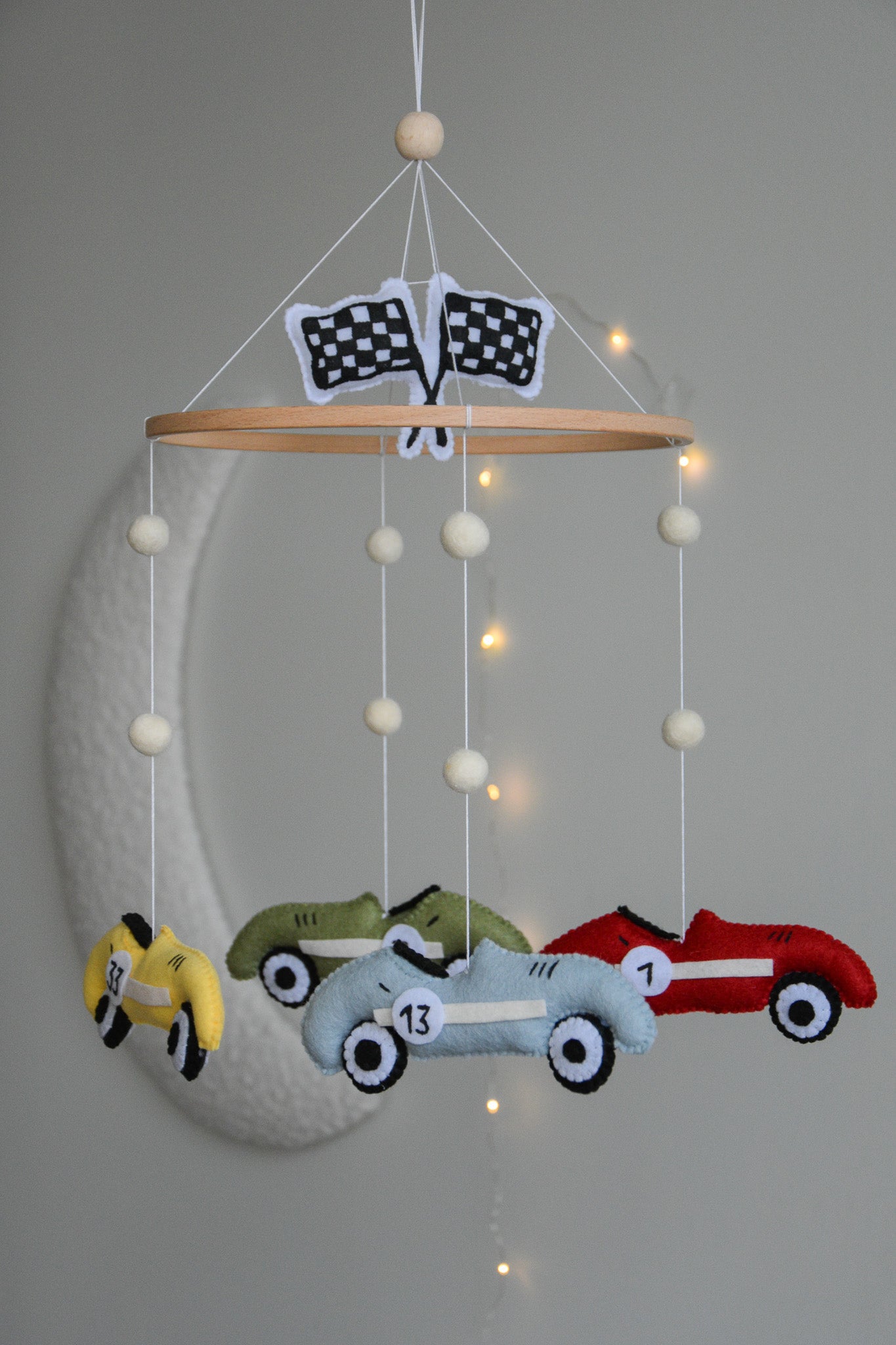 Handmade old school racing cars baby mobile, Neutral nursery mobile, Retro racing baby crib mobile