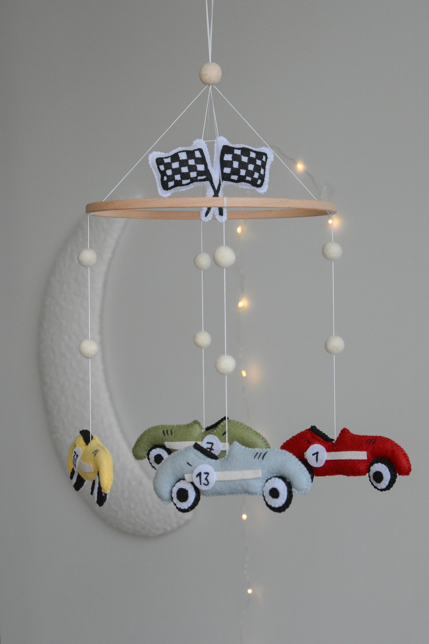 Handmade old school racing cars baby mobile, Neutral nursery mobile, Retro racing baby crib mobile
