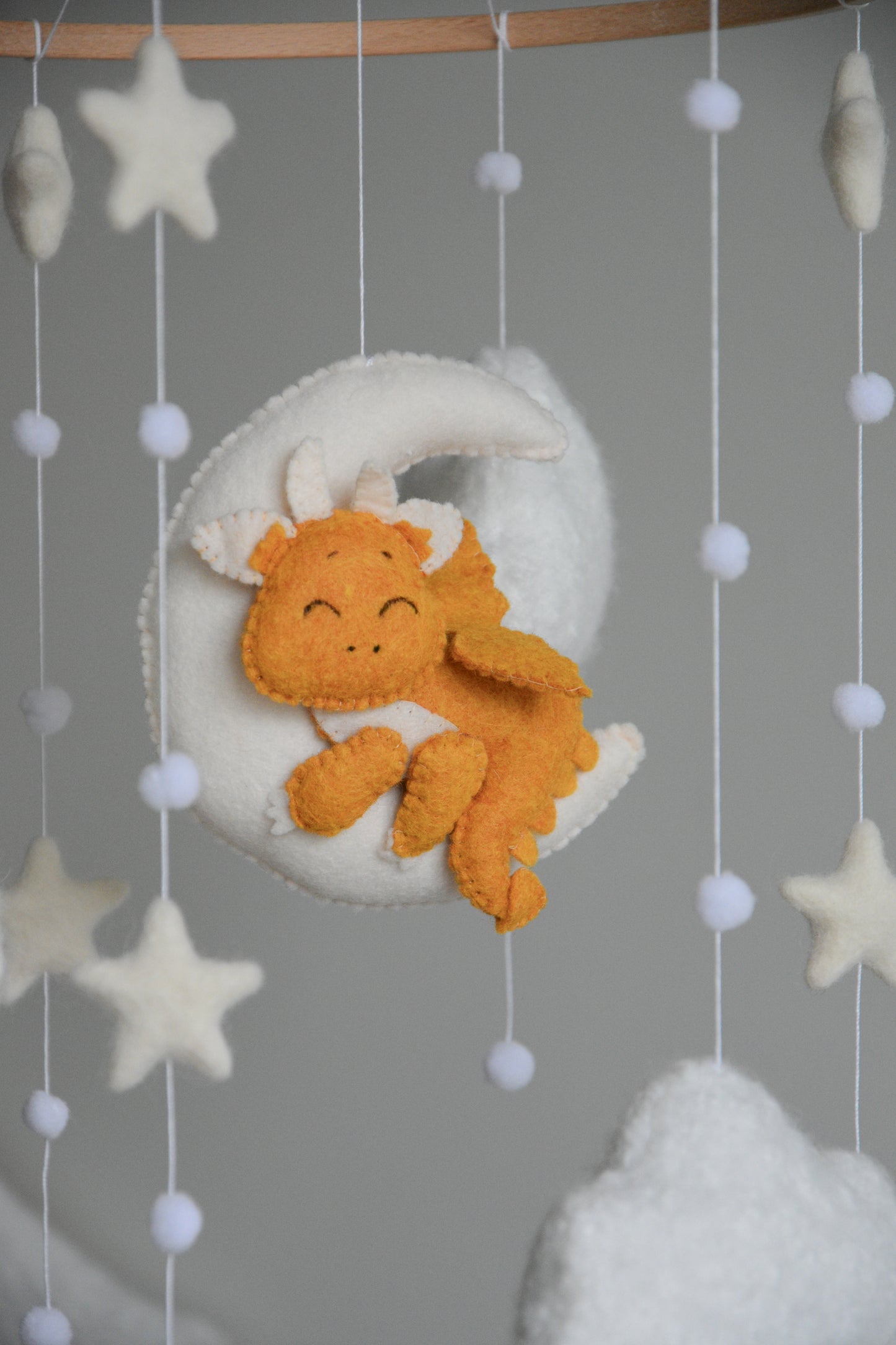 Dragon Boucle clouds and moon baby nursery mobile