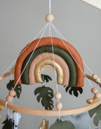 Safari Baby mobile with Lion, golden stars clouds, monstera leaves and rainbow