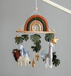 Safari Baby mobile with Lion, golden stars clouds, monstera leaves and rainbow