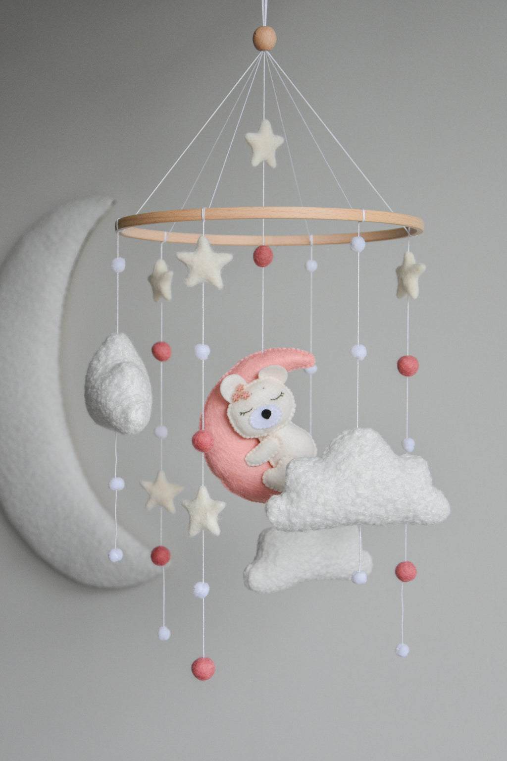 Baby Girl Pink Bear Boucle clouds and moon baby nursery mobile - Minidreams Decor