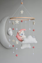 Baby Girl Pink Bear Boucle clouds and moon baby nursery mobile - Minidreams Decor