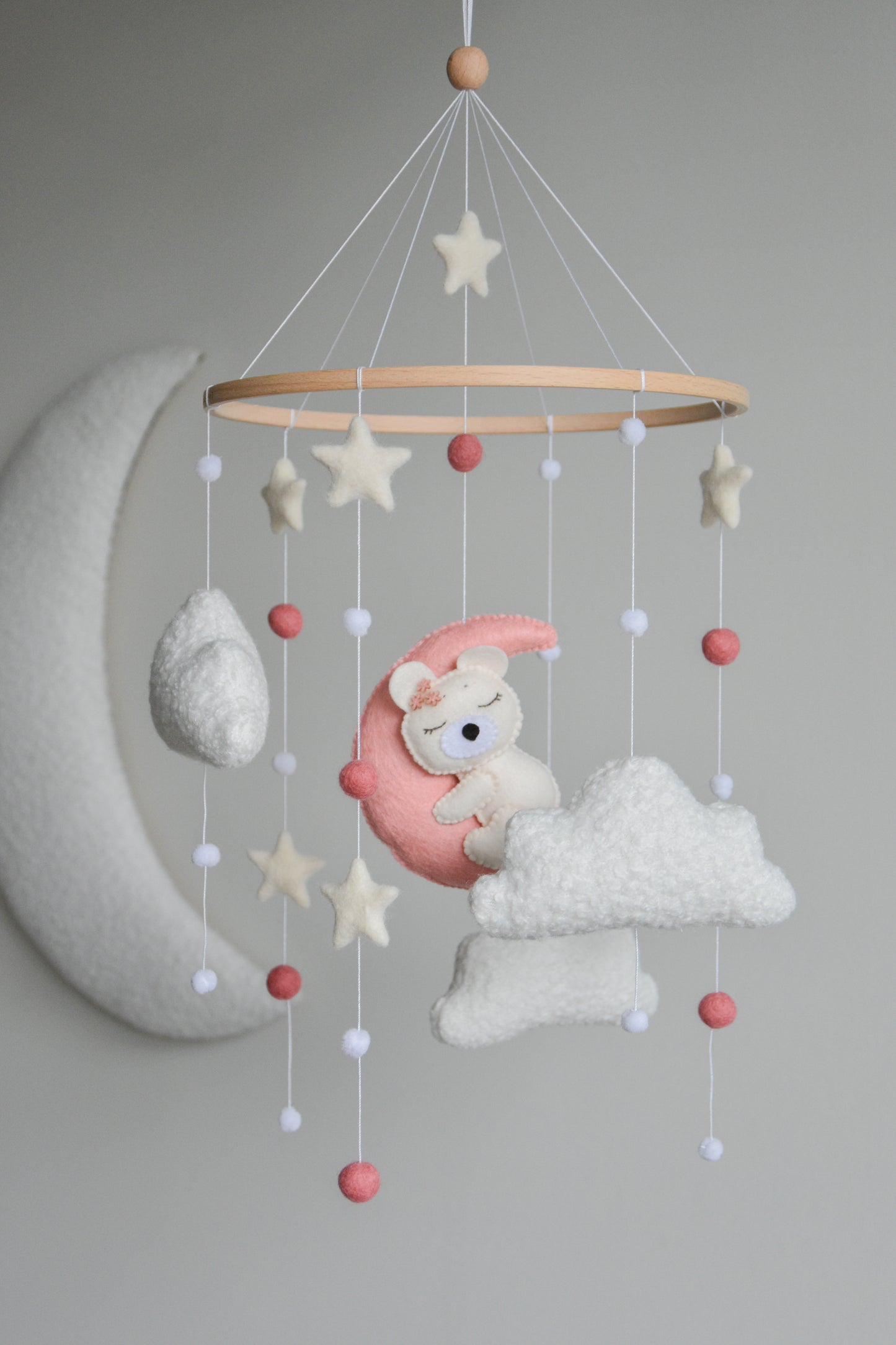 Baby Girl Pink Bear Boucle clouds and moon baby nursery mobile