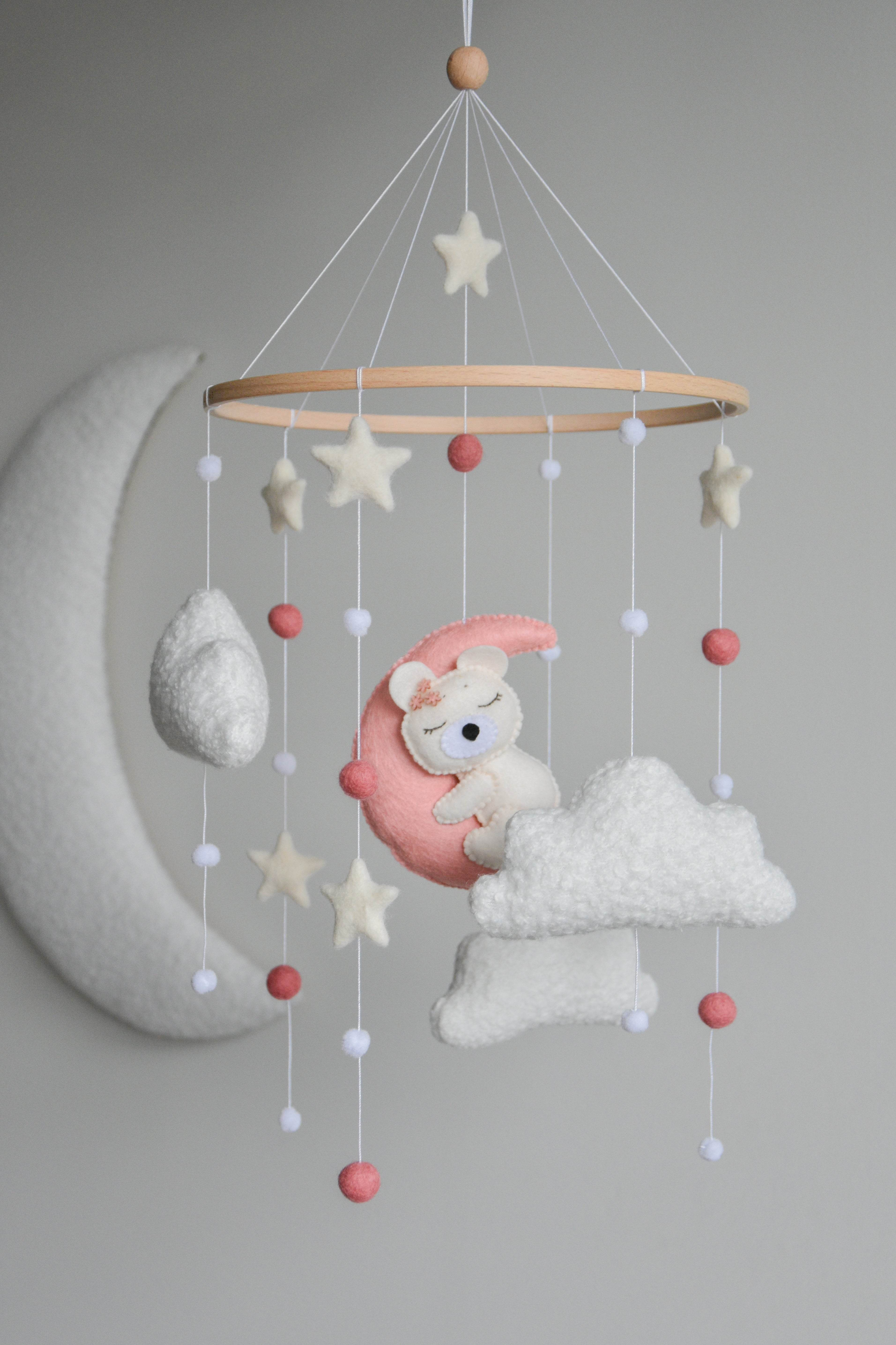 Baby Girl Pink Bear Boucle clouds and moon baby nursery mobile - Minidreams Decor