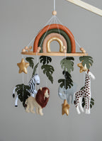 Safari Baby mobile with Lion, golden stars clouds, monstera leaves and rainbow