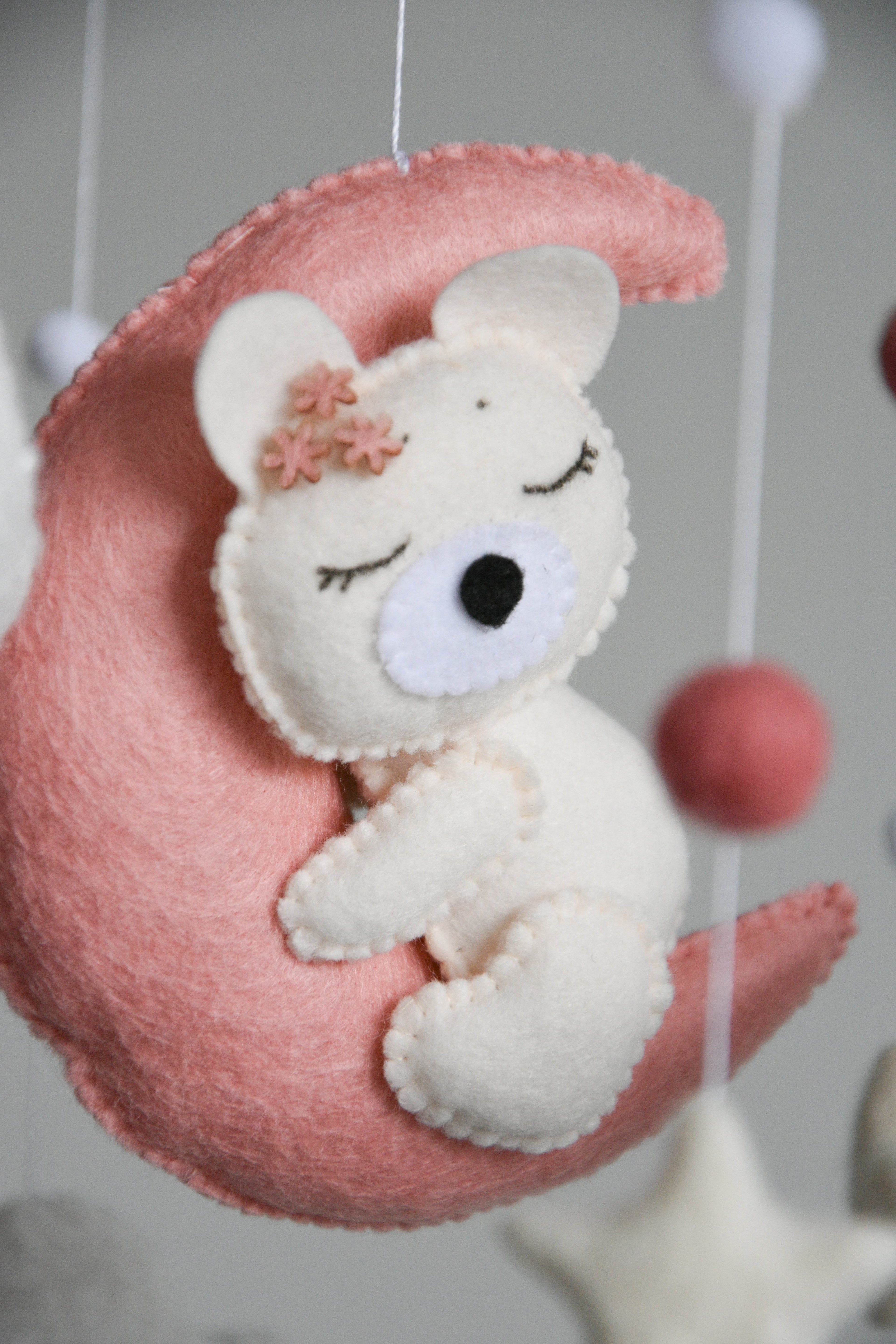 Baby Girl Pink Bear Boucle clouds and moon baby nursery mobile - Minidreams Decor