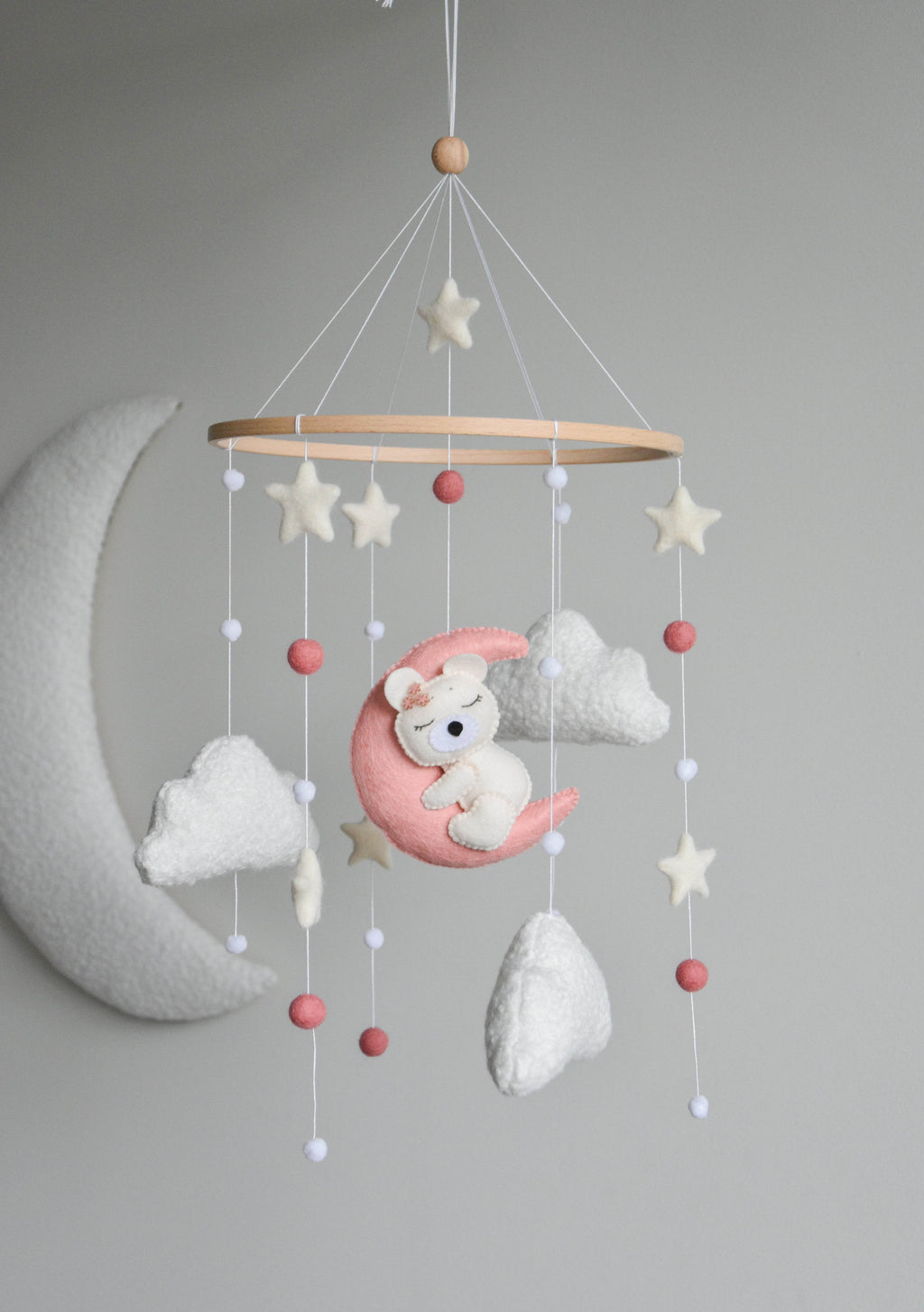 Baby Girl Pink Bear Boucle clouds and moon baby nursery mobile - Minidreams Decor