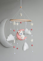 Baby Girl Pink Bear Boucle clouds and moon baby nursery mobile - Minidreams Decor