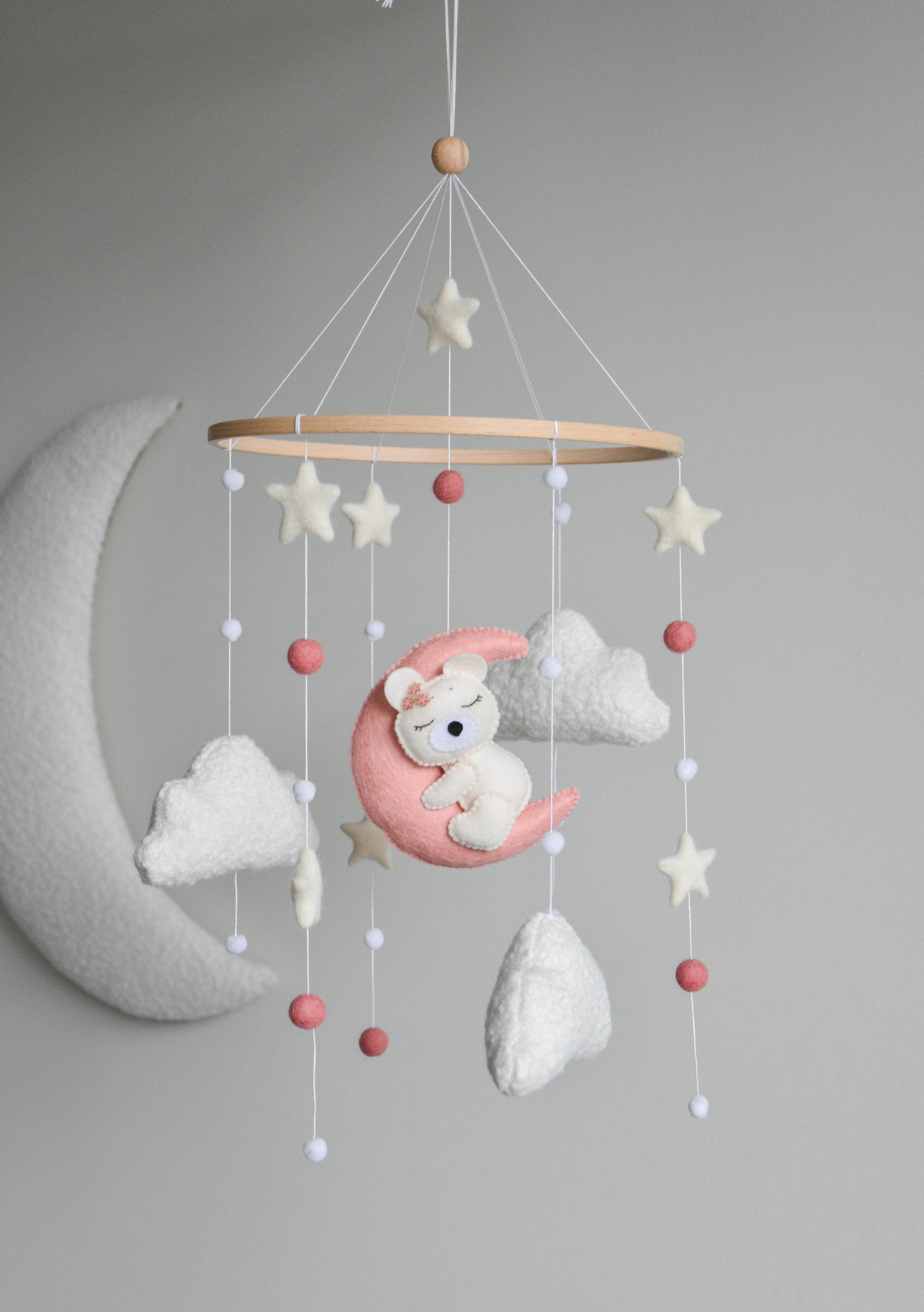 Baby Girl Pink Bear Boucle clouds and moon baby nursery mobile - Minidreams Decor