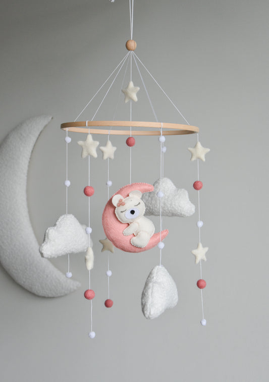 Baby Girl Pink Bear Boucle clouds and moon baby nursery mobile