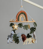 Safari Baby mobile with Lion, golden stars clouds, monstera leaves and rainbow
