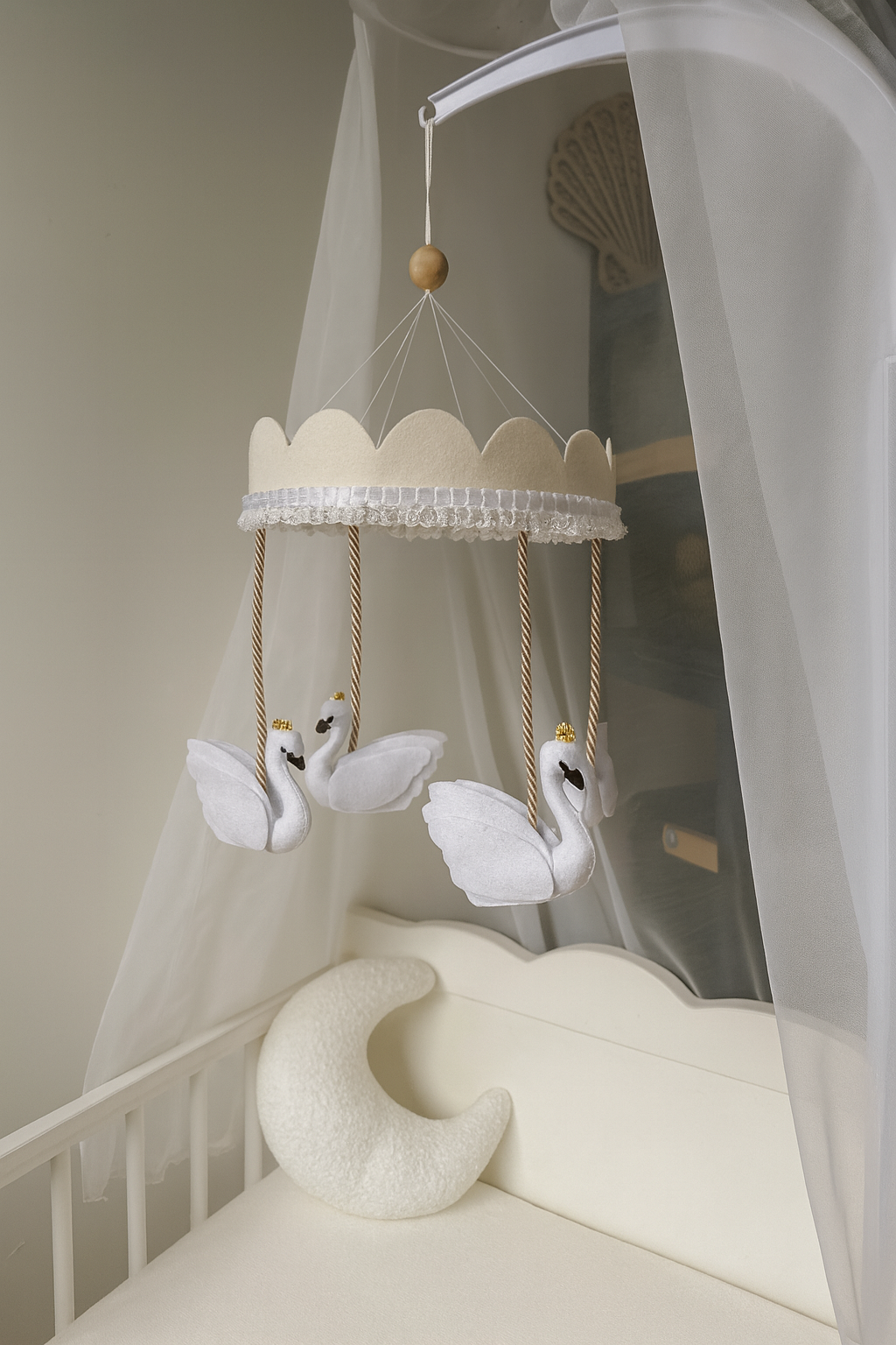 Vintage Swans Carousel Baby Mobile – Handmade Felt Crib Mobile