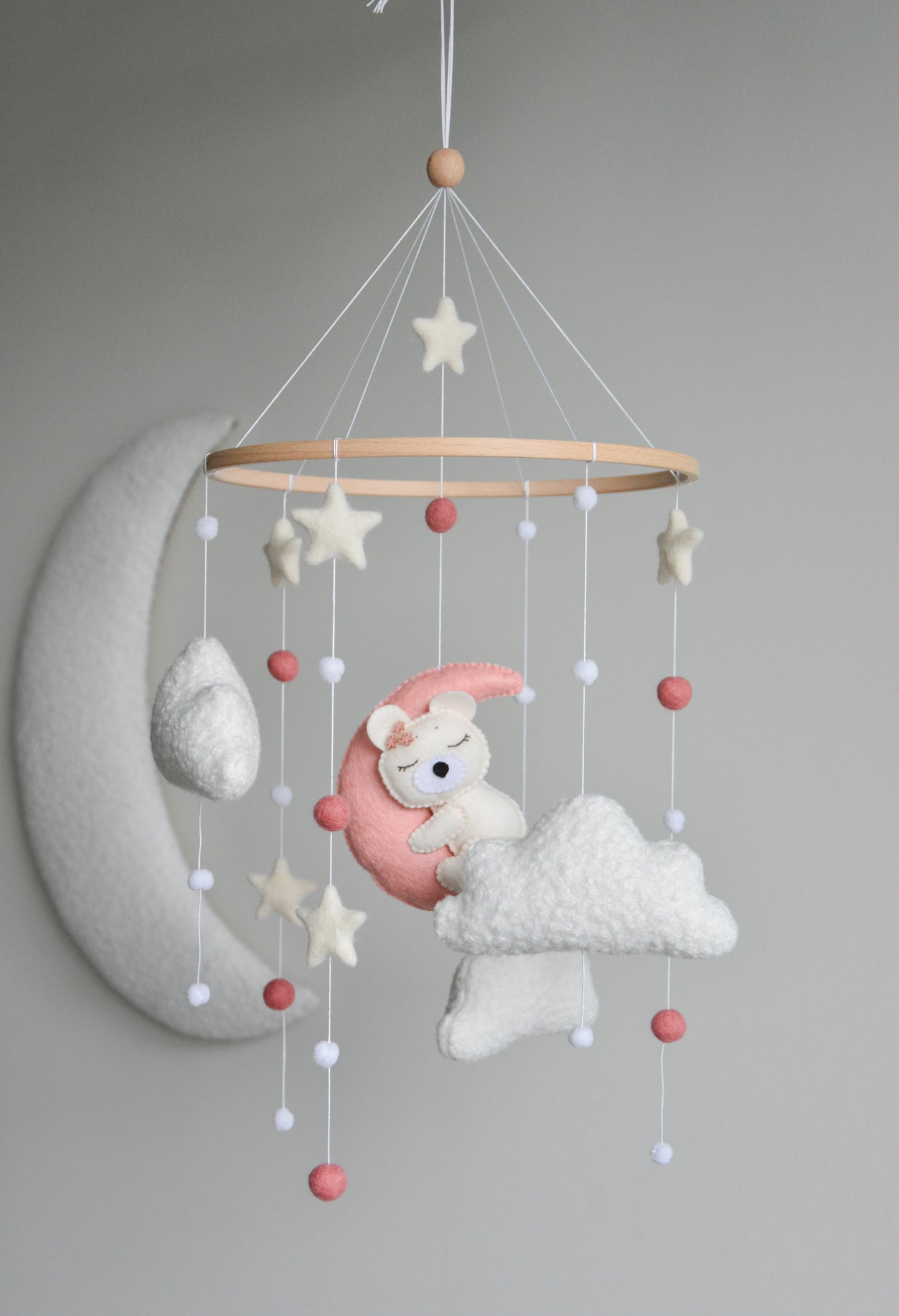 Baby Girl Pink Bear Boucle clouds and moon baby nursery mobile