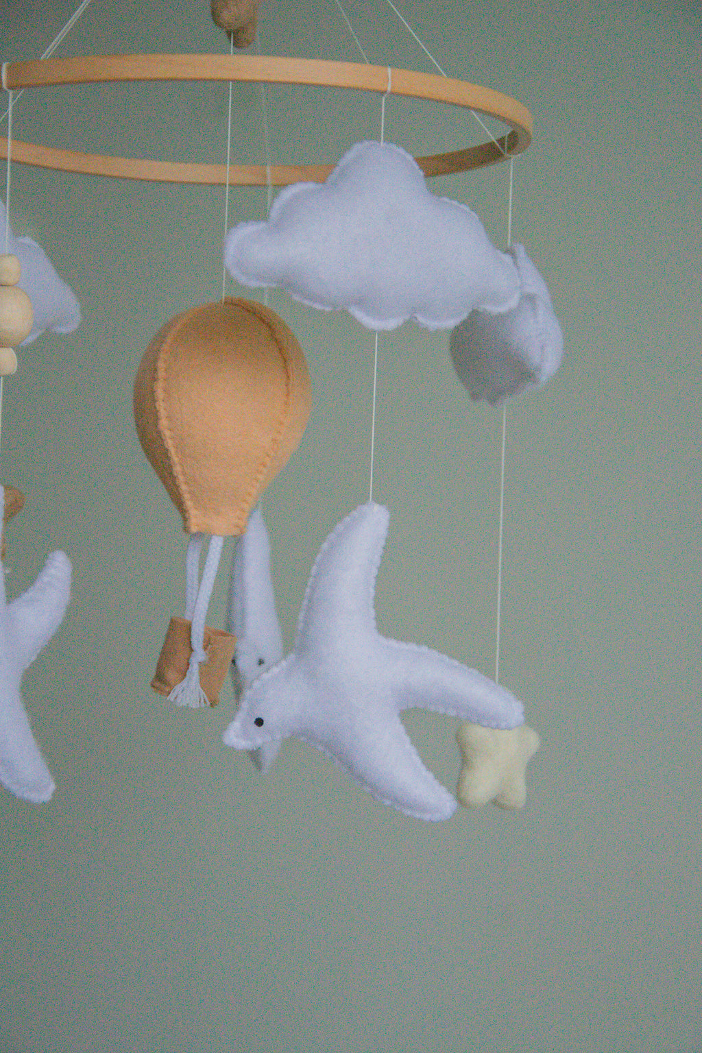 Birds & Hot Air Balloon Baby Mobile – Handmade Neutral Crib Mobile with Clouds and Moon