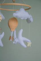 Birds & Hot Air Balloon Baby Mobile – Handmade Neutral Crib Mobile with Clouds and Moon