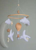 Birds & Hot Air Balloon Baby Mobile – Handmade Neutral Crib Mobile with Clouds and Moon