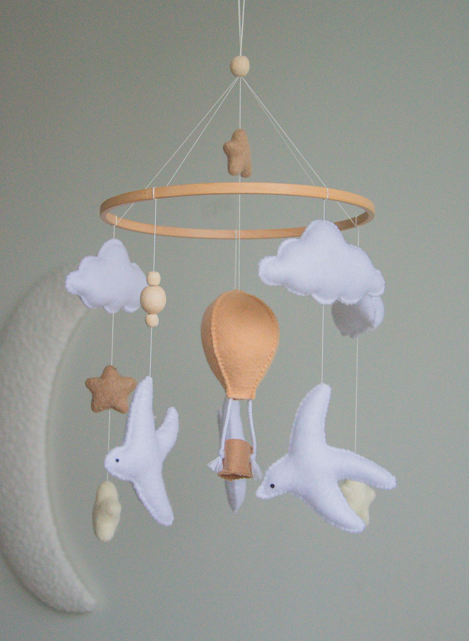 Birds & Hot Air Balloon Baby Mobile – Handmade Neutral Crib Mobile with Clouds and Moon
