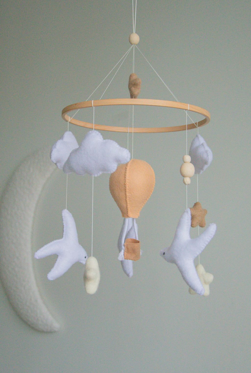 Birds & Hot Air Balloon Baby Mobile – Handmade Neutral Crib Mobile with Clouds and Moon