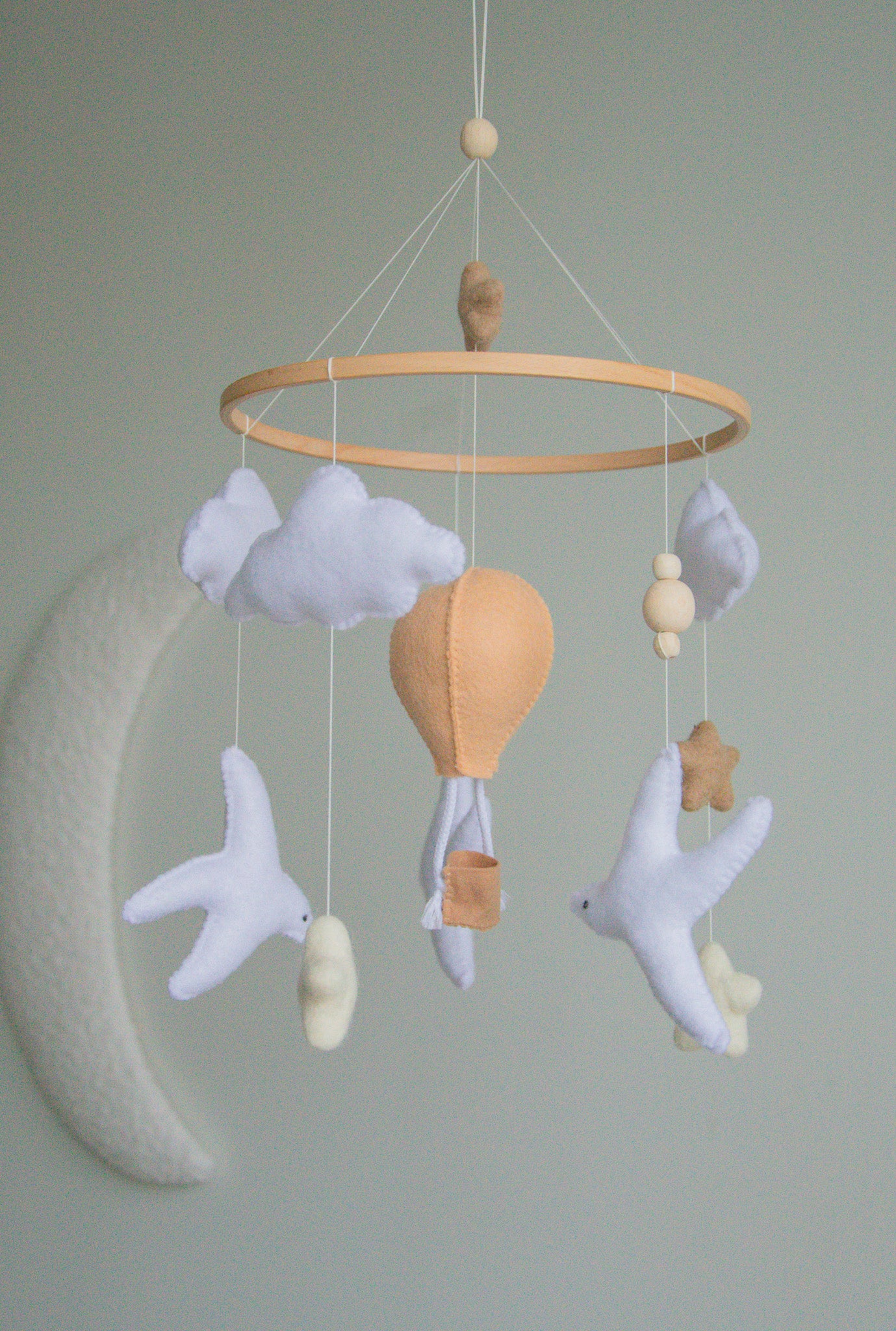 Birds & Hot Air Balloon Baby Mobile – Handmade Neutral Crib Mobile with Clouds and Moon