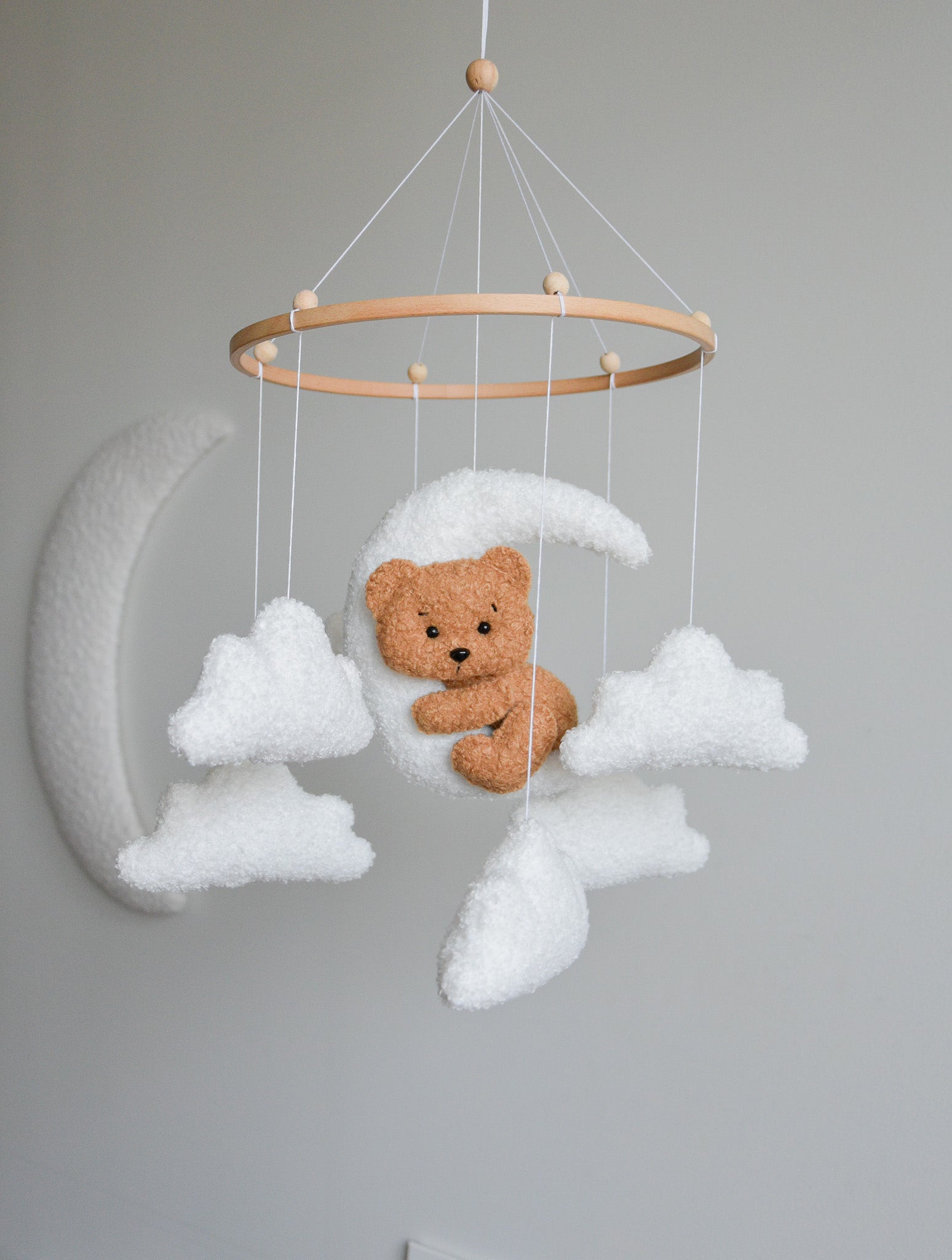 Teddy bear baby mobile with Boucle clouds