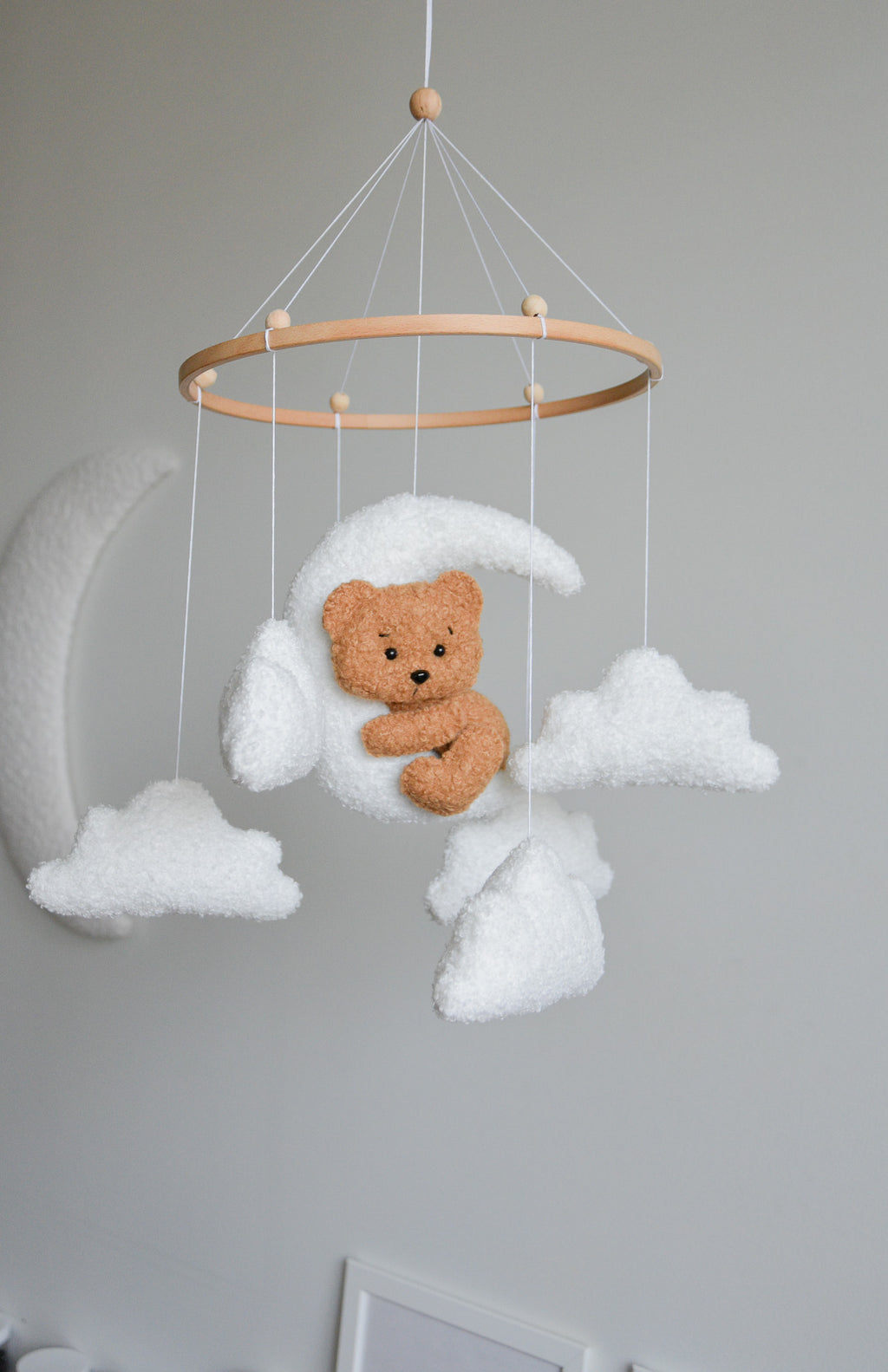 Teddy bear baby mobile with Boucle clouds