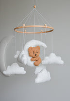 Teddy bear baby mobile with Boucle clouds