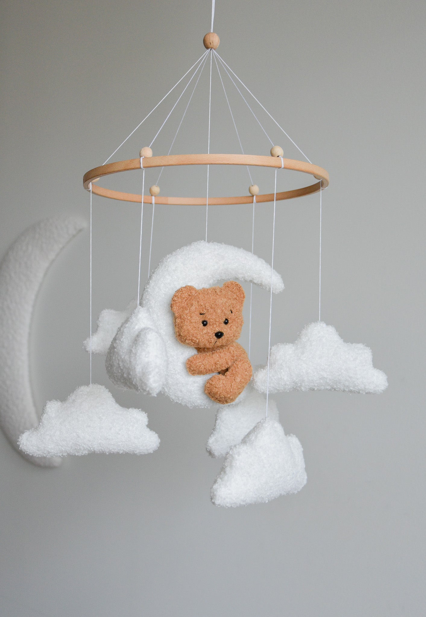 Teddy bear baby mobile with Boucle clouds