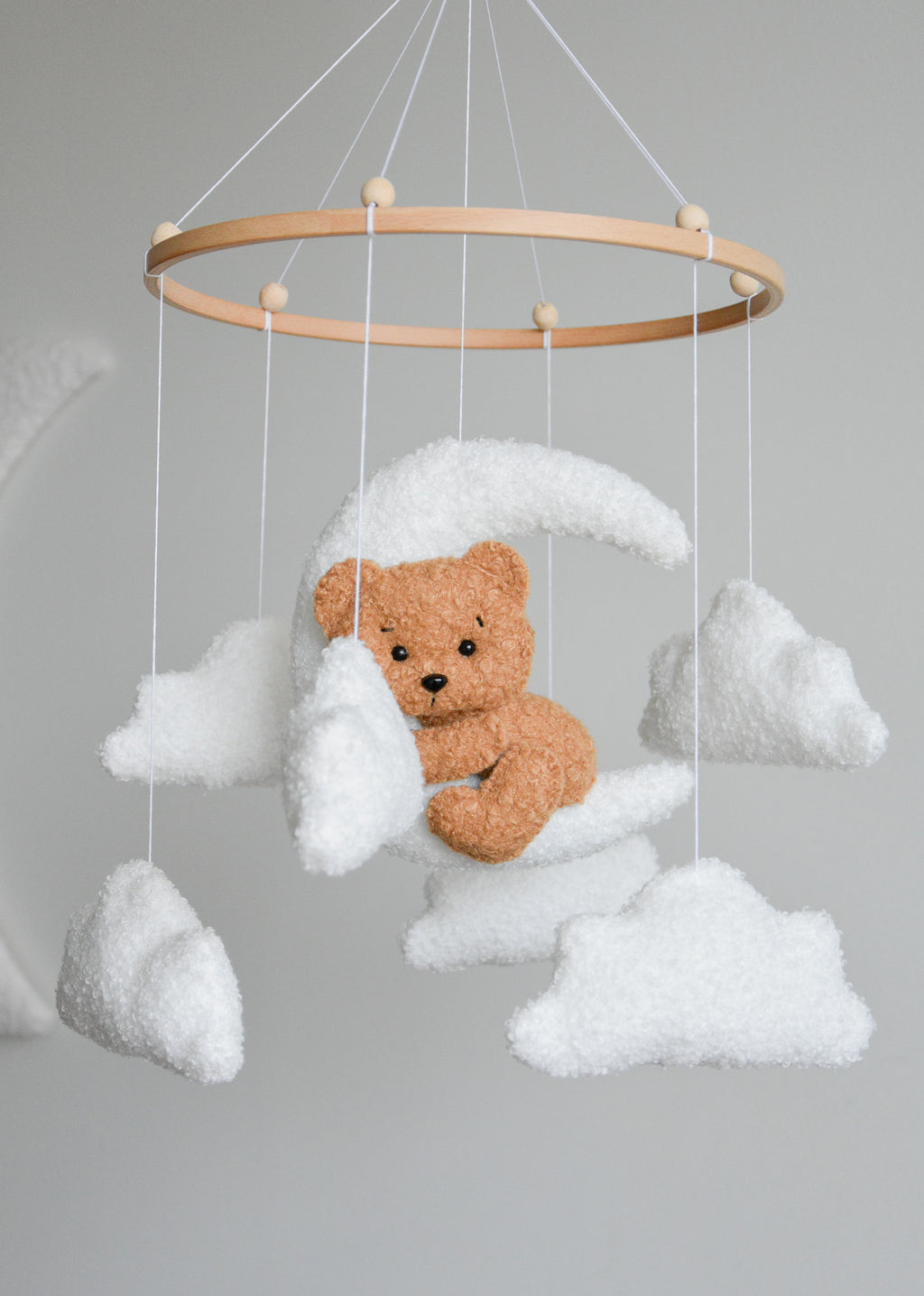 Teddy bear baby mobile with Boucle clouds