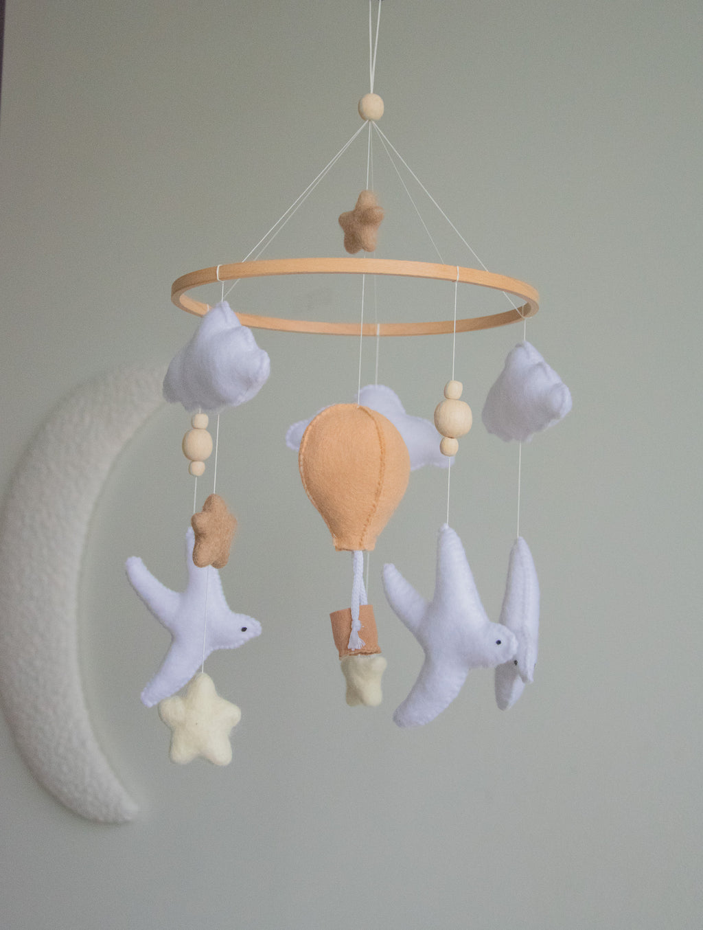 Birds & Hot Air Balloon Baby Mobile – Handmade Neutral Crib Mobile with Clouds and Moon