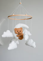 Teddy bear baby mobile with Boucle clouds