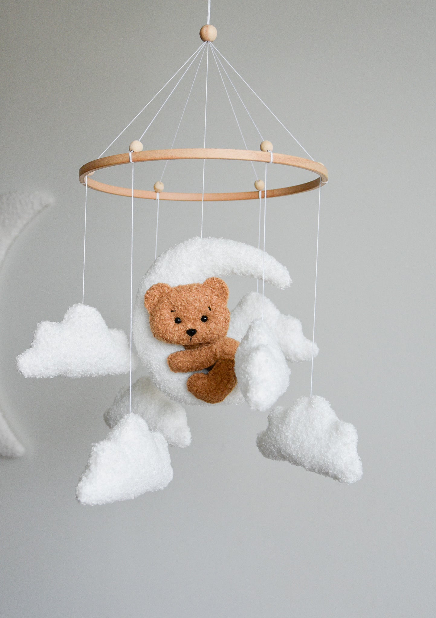 Teddy bear baby mobile with Boucle clouds
