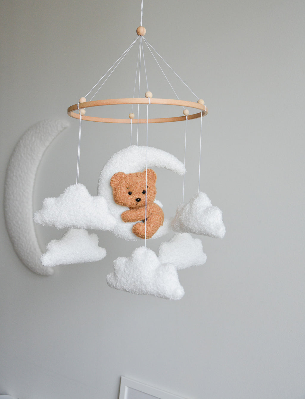 Teddy bear baby mobile with Boucle clouds