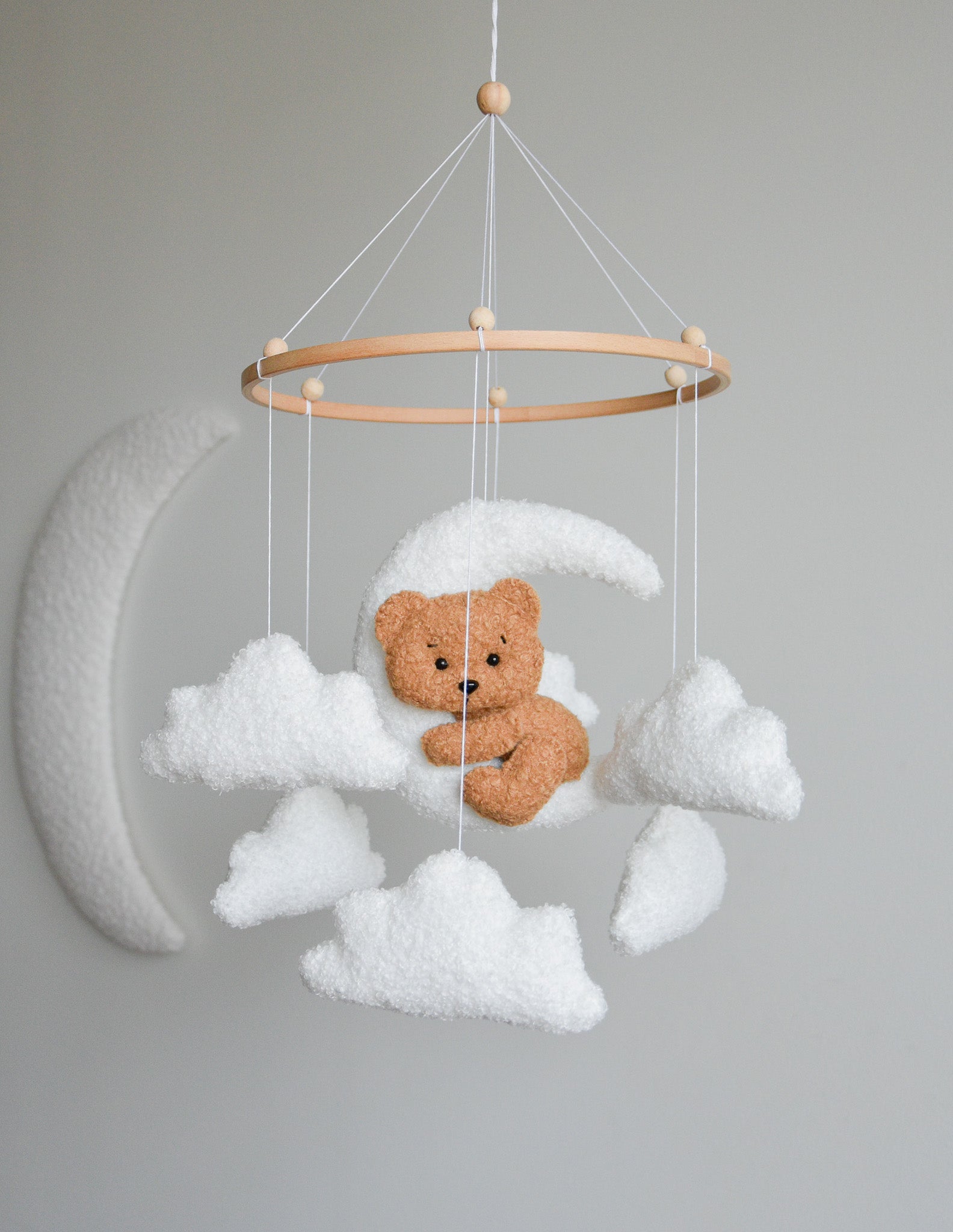 Teddy bear baby mobile with Boucle clouds